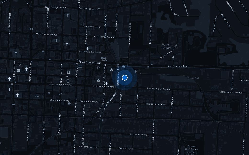 Map of downtown Independence with the Roger T. Sermon Center marked at Truman Road and Noland Road